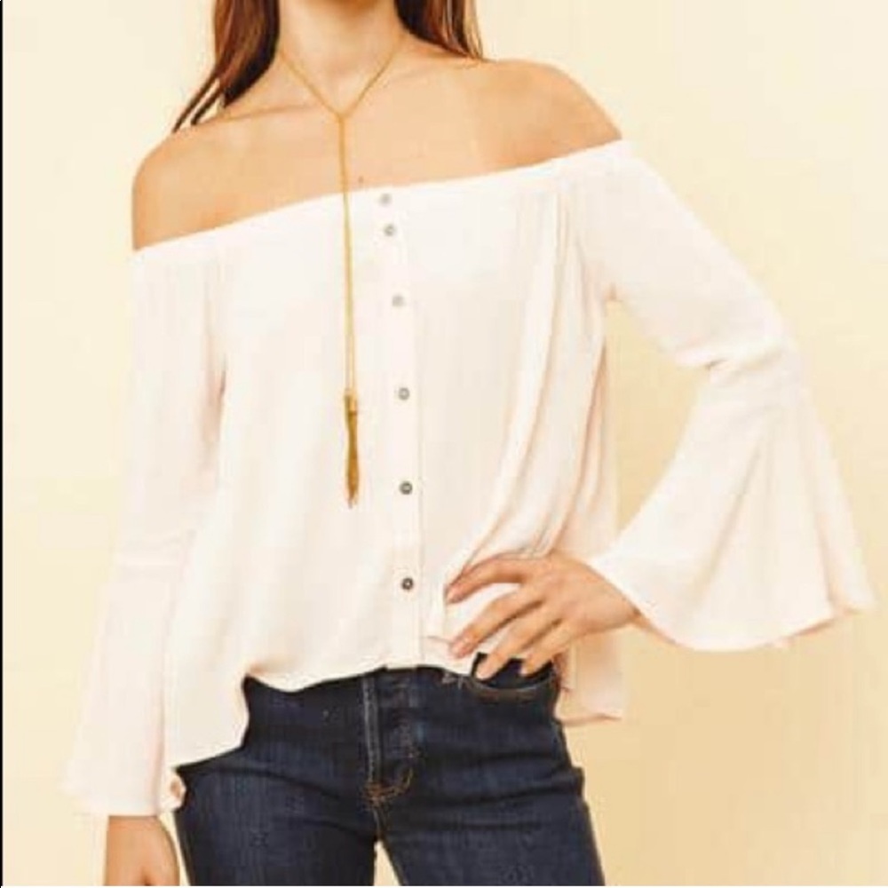 ASTR The Label Light Pink Off Shoulder Cropped Button Down Top Bell Sleeves Med